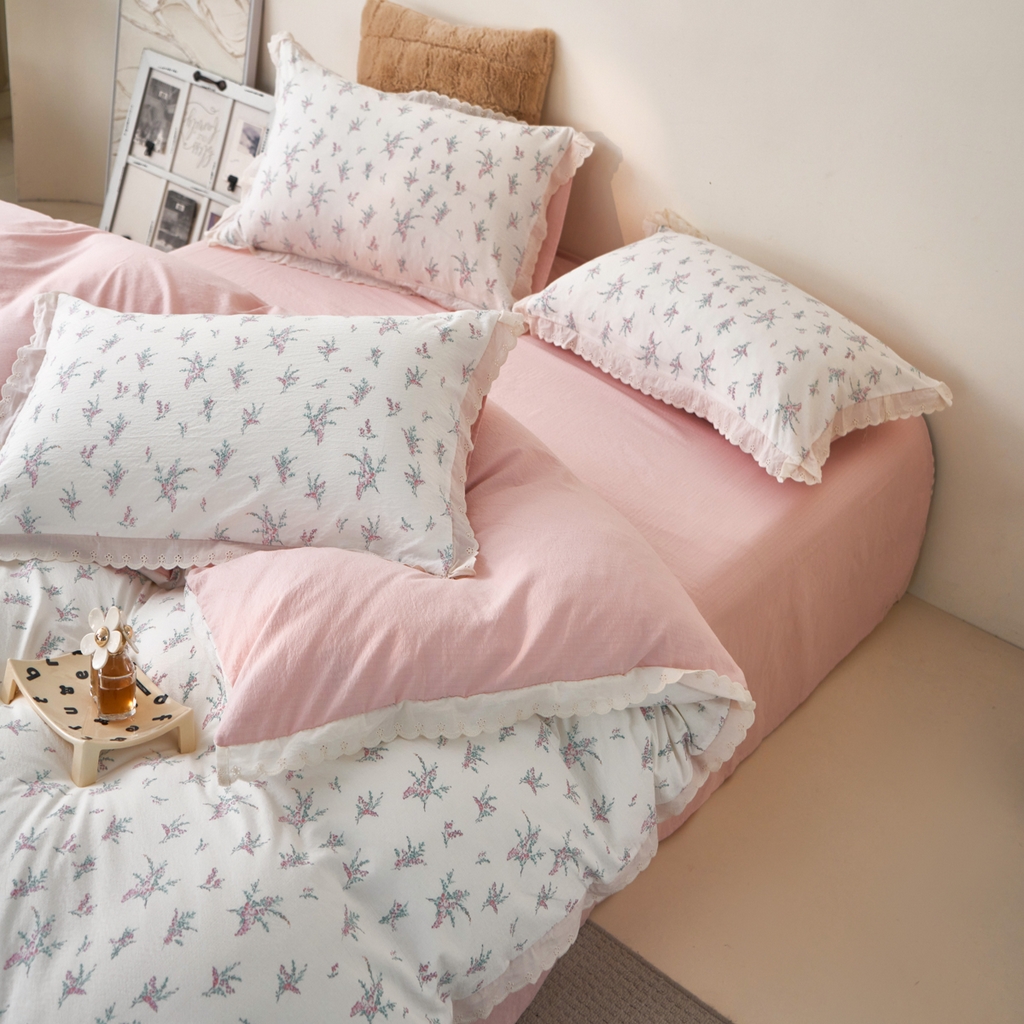 91家纺网 家纺一手货源 找家纺 漫仙阁家纺 2025新款双层纱花边款韩版四件套 白茶