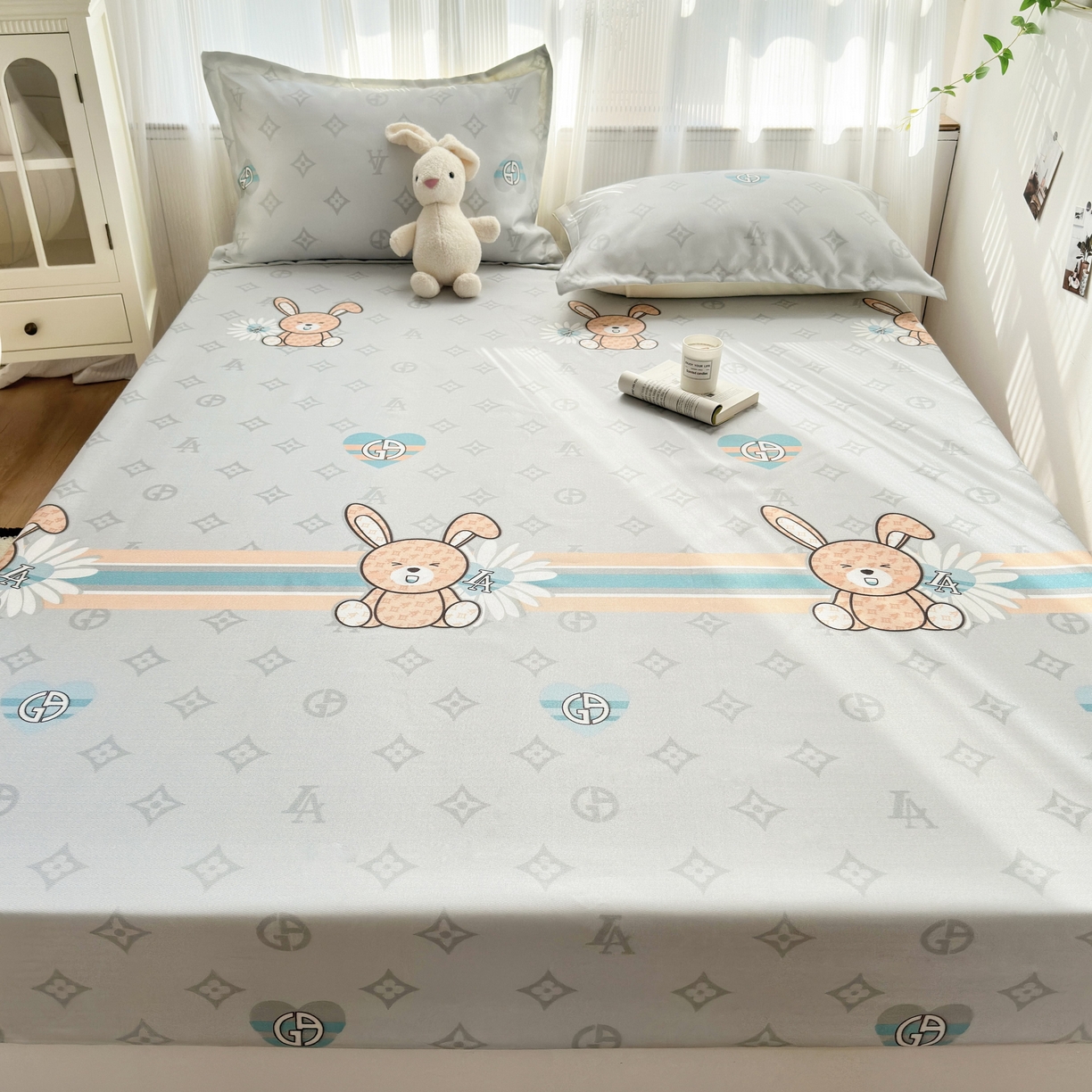 91家纺网 家纺一手货源 找家纺 乐居家纺 2025新款亲肤舒适活性印染水洗冰丝床笠 米妮兔-卡