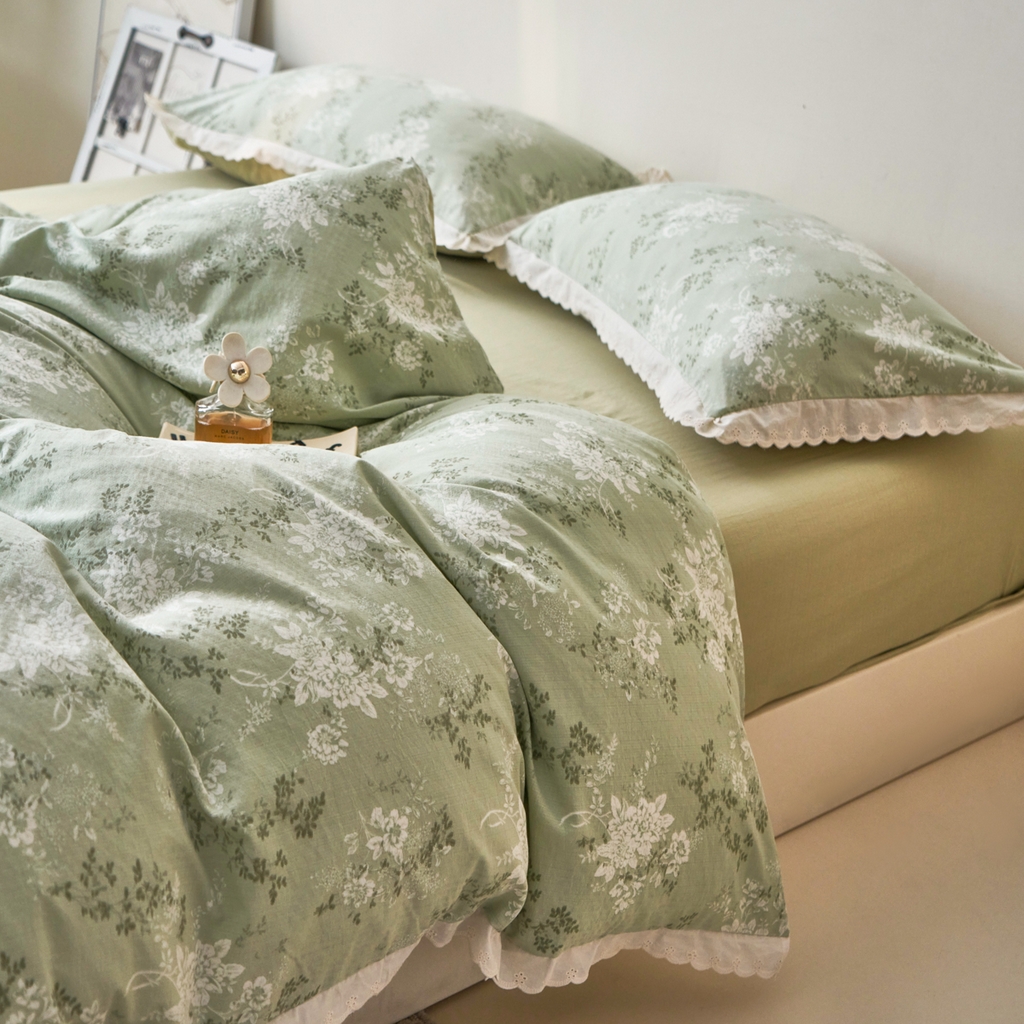 91家纺网 家纺一手货源 找家纺 漫仙阁家纺 2025新款双层纱花边款韩版四件套 绿意