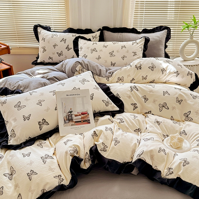 91家纺网 家纺一手货源 找家纺 佳一家纺 2025新款亲肤水洗棉四件套系列 蝶舞