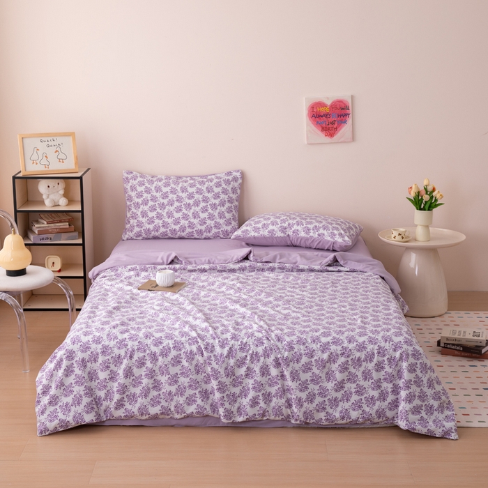 91家纺网 家纺一手货源 找家纺 南北家居 2025新款针织棉双层纱夏被四件套 幻紫蝶影