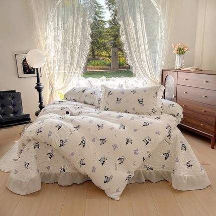 2025新款水洗棉夹棉床盖四件套韩版蕾丝花边小清新针织棉单被套小碎花皱皱棉直播爆款网红四季跑量款 库洛米之恋