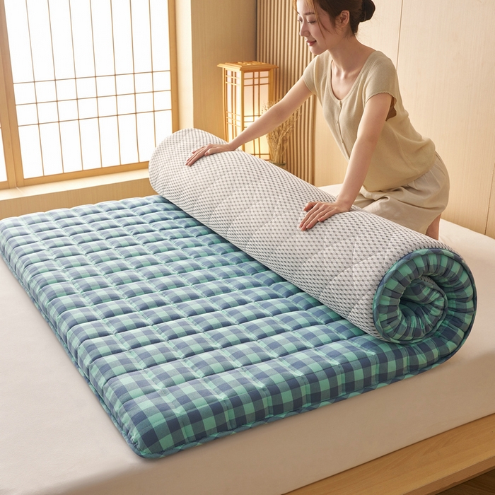 91家纺网 家纺一手货源 找家纺 锦丝钰床垫 2025新款色织水洗棉棉花床垫 蓝绿中格