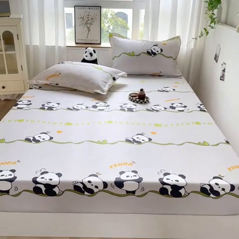 91家纺网 家纺一手货源 找家纺 乐居家纺 2025新款亲肤舒适活性印染水洗冰丝床笠 熊猫-灰