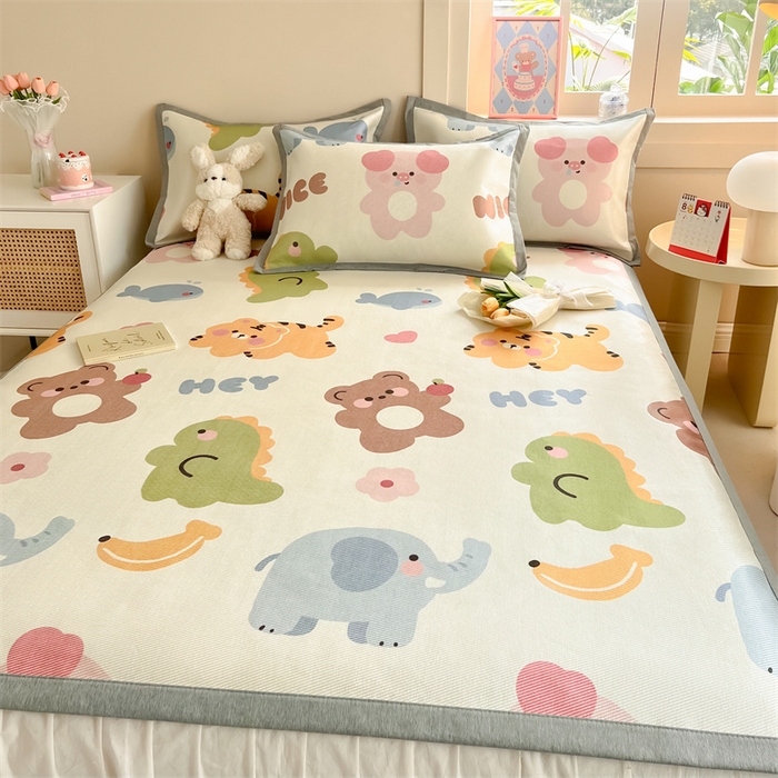 91家纺网 家纺一手货源 找家纺 典曼家纺 2025春夏新款250D冰丝宽边圆网冰丝凉席席子 动物乐园