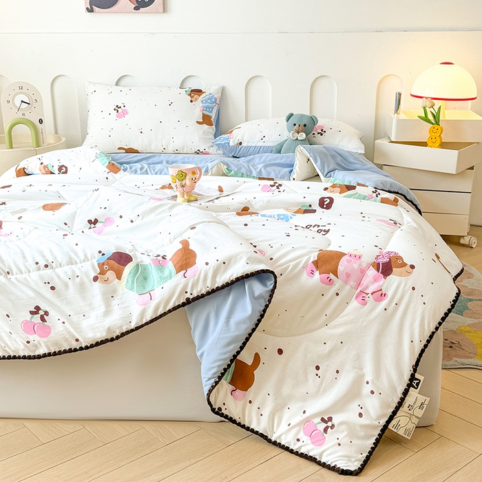 91家纺网 家纺一手货源 找家纺 熙宴家纺 2025新款A类水洗双层纱100%新疆棉花印花夏被空调被夏凉被 腊肠狗