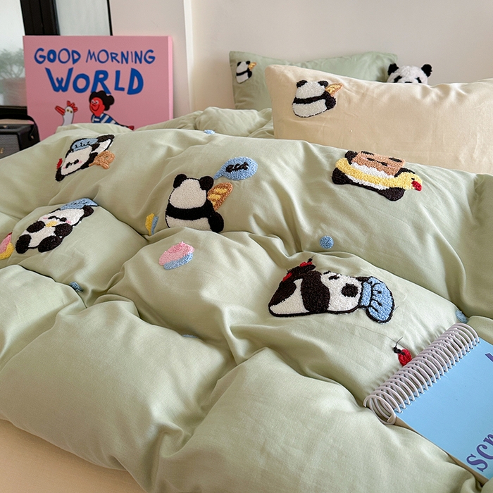 91家纺网 家纺一手货源 找家纺 TT.one 塔塔家居 2025新款全棉双层纱毛巾绣萌宠系列四件套 福气团团