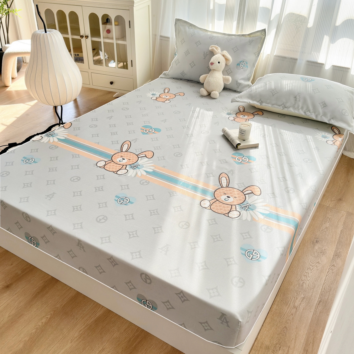 91家纺网 家纺一手货源 找家纺 乐居家纺 2025新款亲肤舒适活性印染水洗冰丝床笠 米妮兔-卡