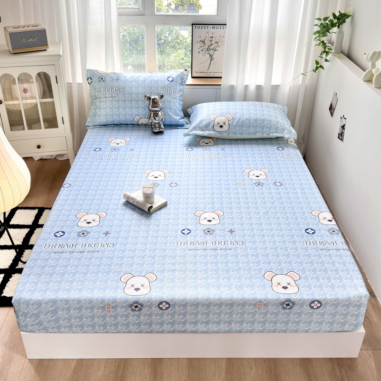 91家纺网 家纺一手货源 找家纺 乐居家纺 2025新款亲肤舒适活性印染水洗冰丝床笠 千鸟格熊-蓝