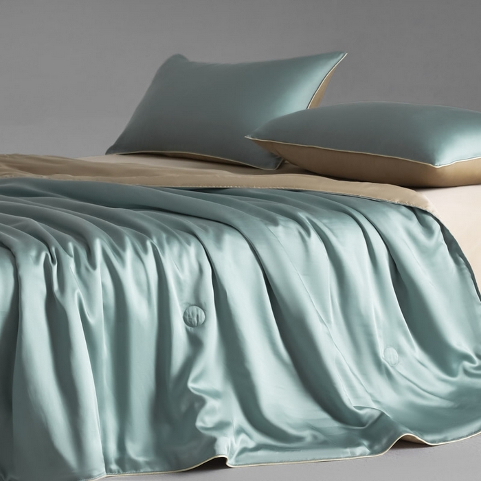 91家纺网 家纺一手货源 找家纺 AB家纺2025新品A类莱赛尔双拼50天丝空调夏被四件套 海青绿-卡其