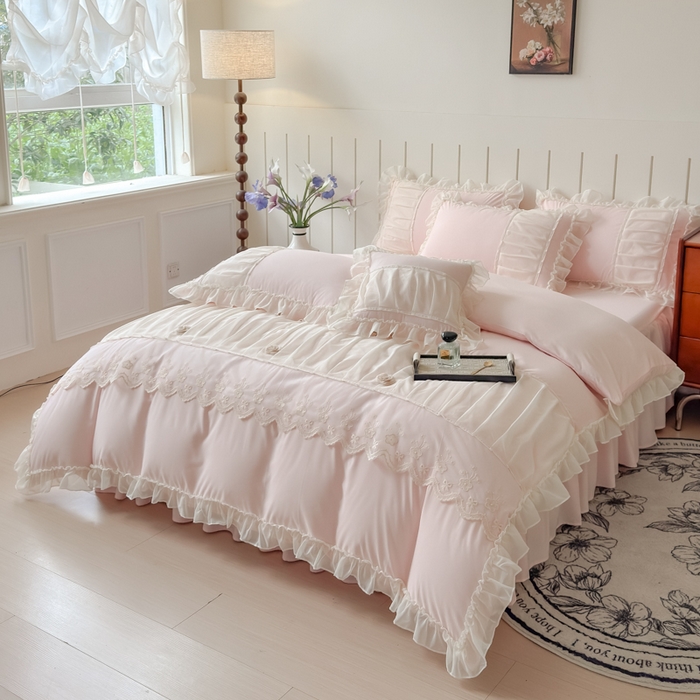 91家纺网 家纺一手货源 找家纺 狂想家 2025高定蕾丝糯小棉安妮系列四件套 蜜桃粉