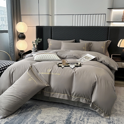 宇彬家纺 2025直播新款13374全棉纯棉母婴级压线一字绣纯色刺绣四件套全棉纯棉贡缎新疆长绒字母款铂金系列 茶花-绅土灰