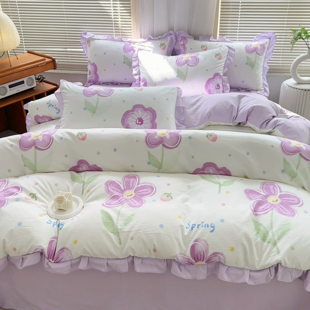 91家纺网 家纺一手货源 找家纺 佳一家纺 2025新款亲肤水洗棉四件套系列 夏日如花