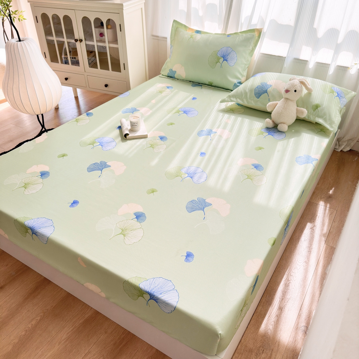 91家纺网 家纺一手货源 找家纺 乐居家纺 2025新款亲肤舒适活性印染水洗冰丝床笠 银杏叶-绿