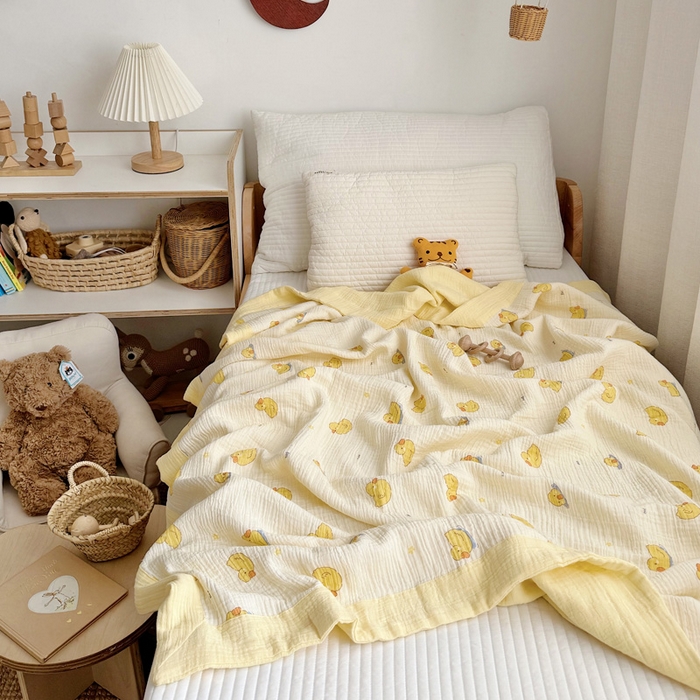91家纺网 家纺一手货源 找家纺 BOSS 2025新款全棉纯棉皱皱纱儿童盖毯夏被  幼儿园夏被夏凉被空调被 柠檬鸭