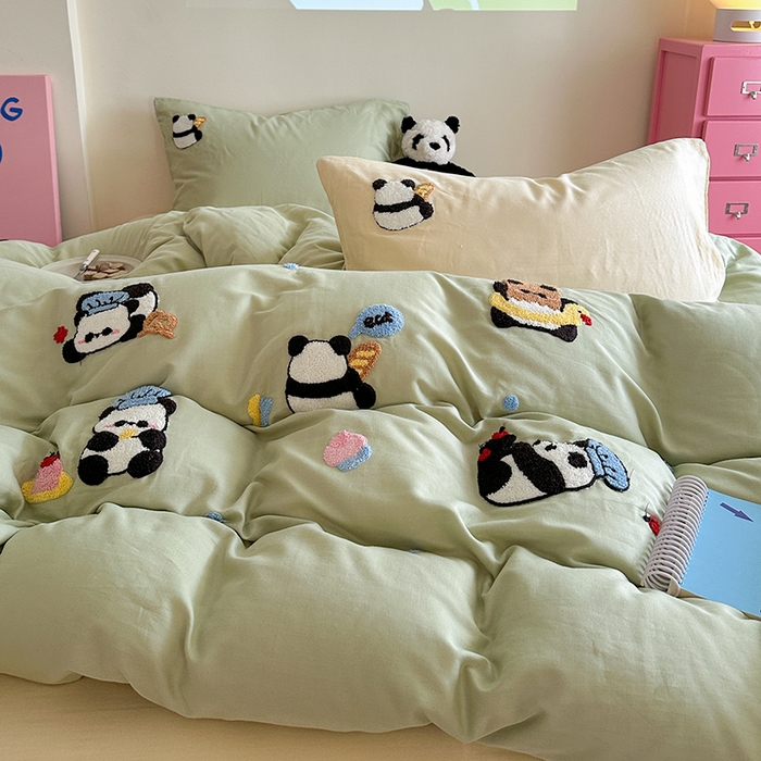 91家纺网 家纺一手货源 找家纺 TT.one 塔塔家居 2025新款全棉双层纱毛巾绣萌宠系列四件套 福气团团