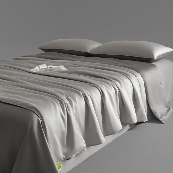 91家纺网 家纺一手货源 找家纺 AB家纺2025新品A类莱赛尔双拼50天丝空调夏被四件套 烟灰-摩登灰