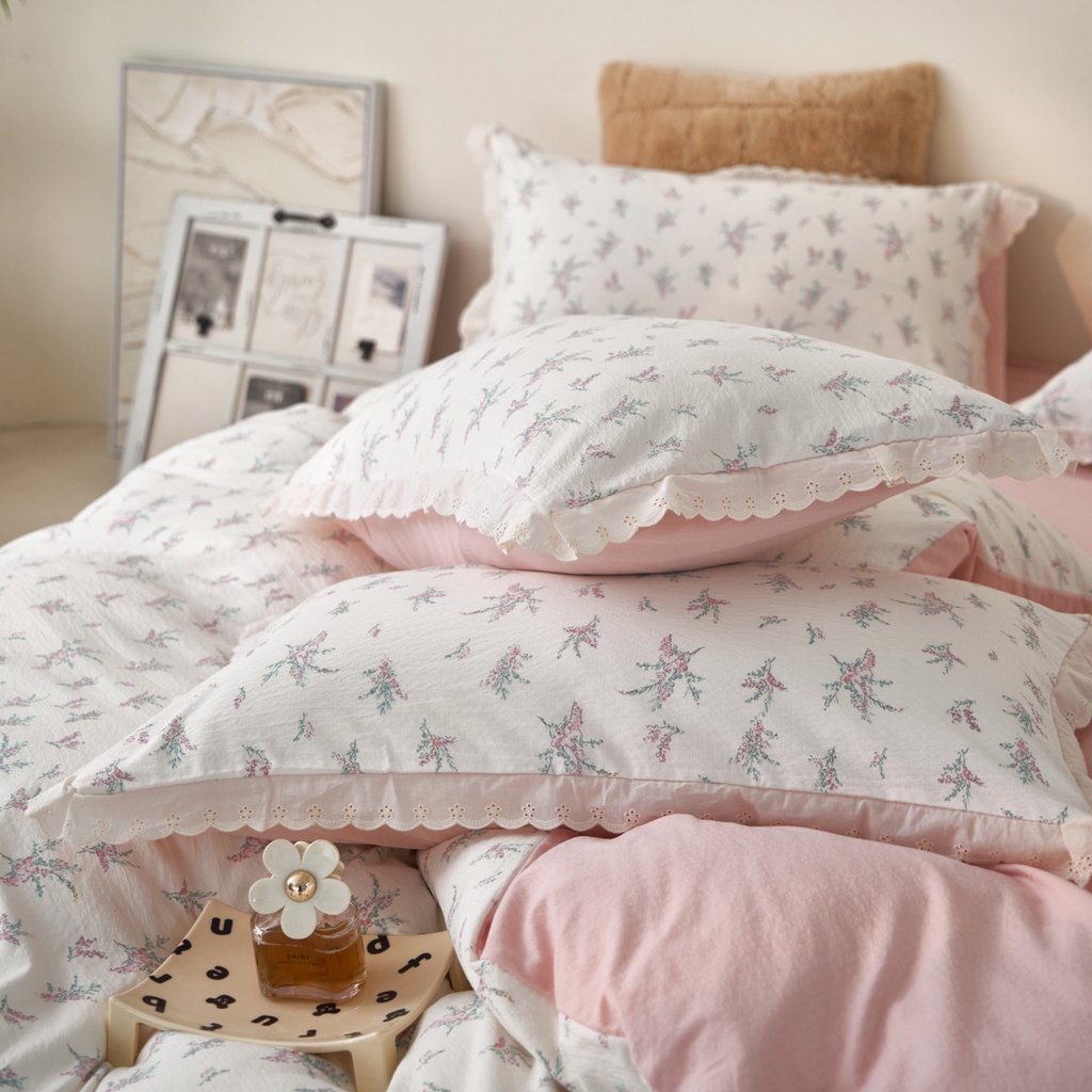 91家纺网 家纺一手货源 找家纺 漫仙阁家纺 2025新款双层纱花边款韩版四件套 白茶