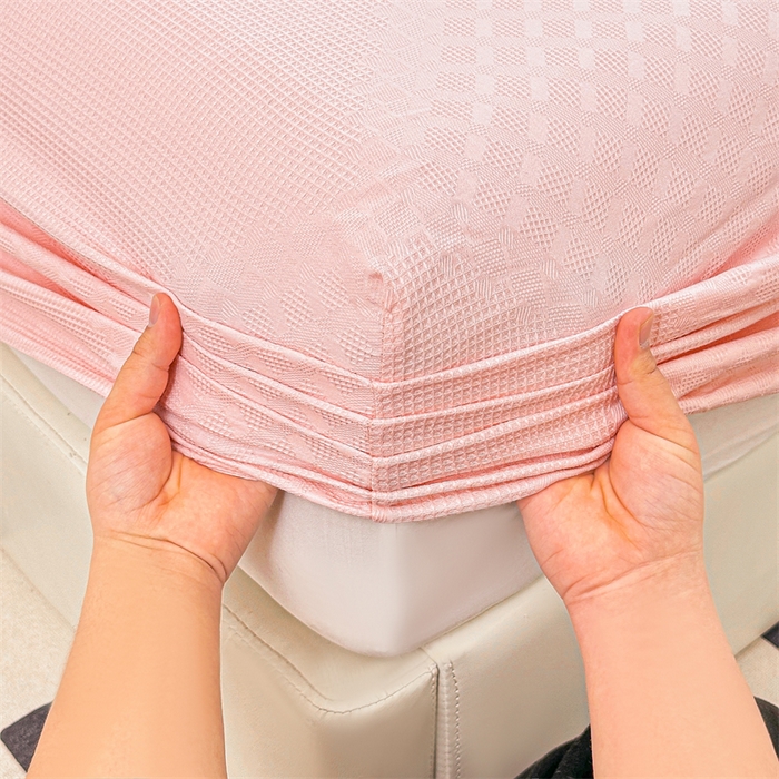 91家纺网 家纺一手货源 找家纺 曼町家居 2025新款全棉华夫格床笠 浅粉