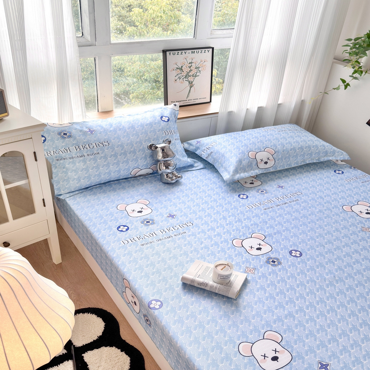 91家纺网 家纺一手货源 找家纺 乐居家纺 2025新款亲肤舒适活性印染水洗冰丝床笠 千鸟格熊-蓝