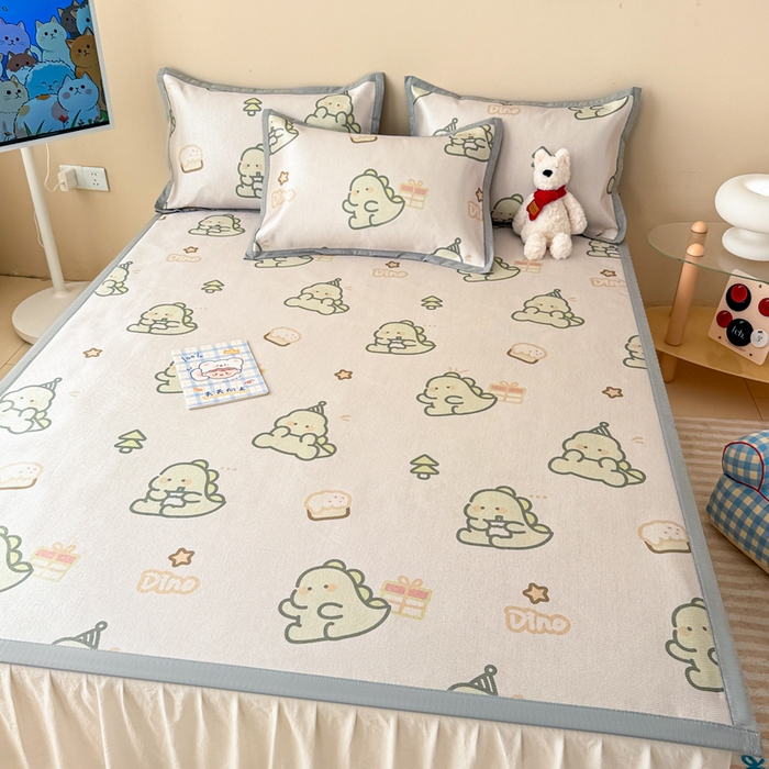 91家纺网 家纺一手货源 找家纺 典曼家纺 2025春夏新款250D冰丝宽边圆网冰丝凉席席子 礼物恐龙