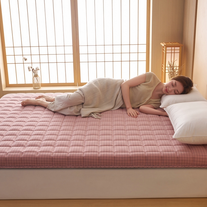 91家纺网 家纺一手货源 找家纺 锦丝钰床垫 2025新款色织水洗棉棉花床垫 小粉格