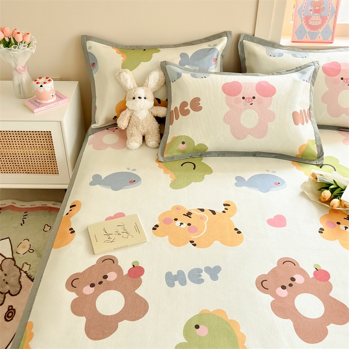 91家纺网 家纺一手货源 找家纺 典曼家纺 2025春夏新款250D冰丝宽边圆网冰丝凉席席子 动物乐园