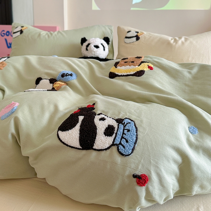 91家纺网 家纺一手货源 找家纺 TT.one 塔塔家居 2025新款全棉双层纱毛巾绣萌宠系列四件套 福气团团