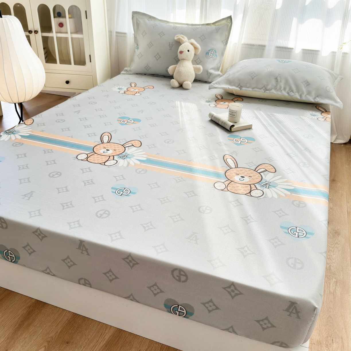 91家纺网 家纺一手货源 找家纺 乐居家纺 2025新款亲肤舒适活性印染水洗冰丝床笠 米妮兔-卡