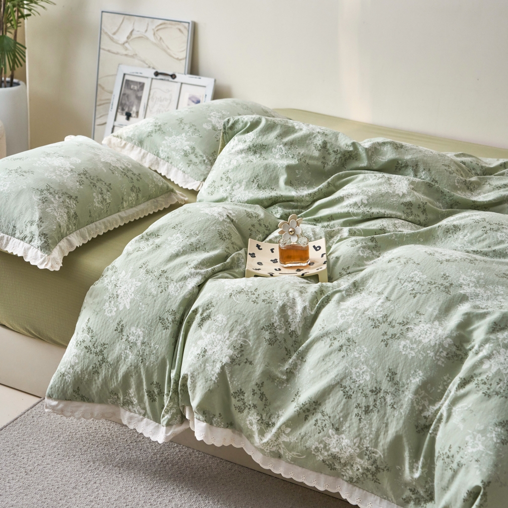 91家纺网 家纺一手货源 找家纺 漫仙阁家纺 2025新款双层纱花边款韩版四件套 绿意