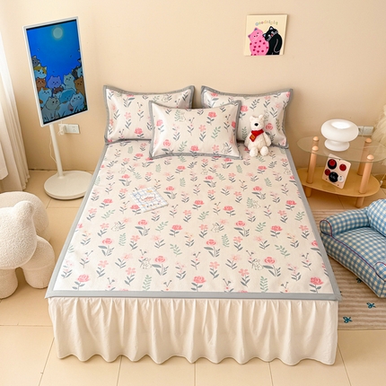 典曼家纺 2025春夏新款250D冰丝宽边圆网冰丝凉席席子 采花小兔