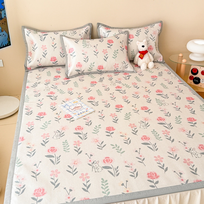 91家纺网 家纺一手货源 找家纺 典曼家纺 2025春夏新款250D冰丝宽边圆网冰丝凉席席子 采花小兔