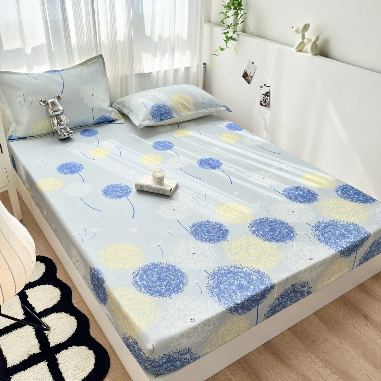 91家纺网 家纺一手货源 找家纺 乐居家纺 2025新款亲肤舒适活性印染水洗冰丝床笠 蒲公英-蓝