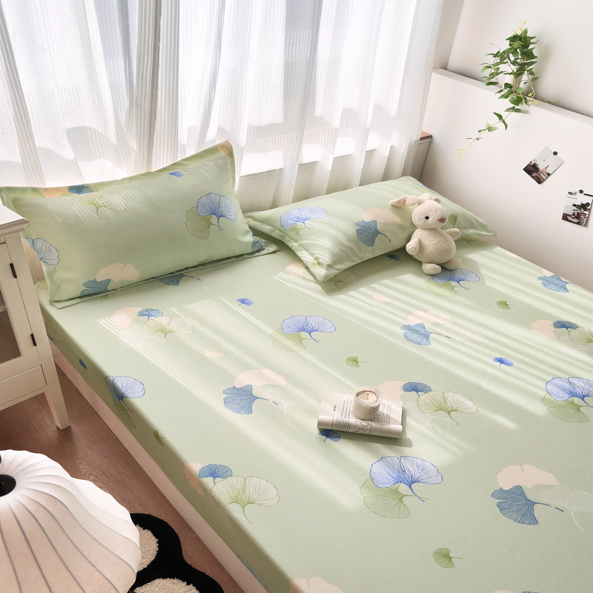 91家纺网 家纺一手货源 找家纺 乐居家纺 2025新款亲肤舒适活性印染水洗冰丝床笠 银杏叶-绿