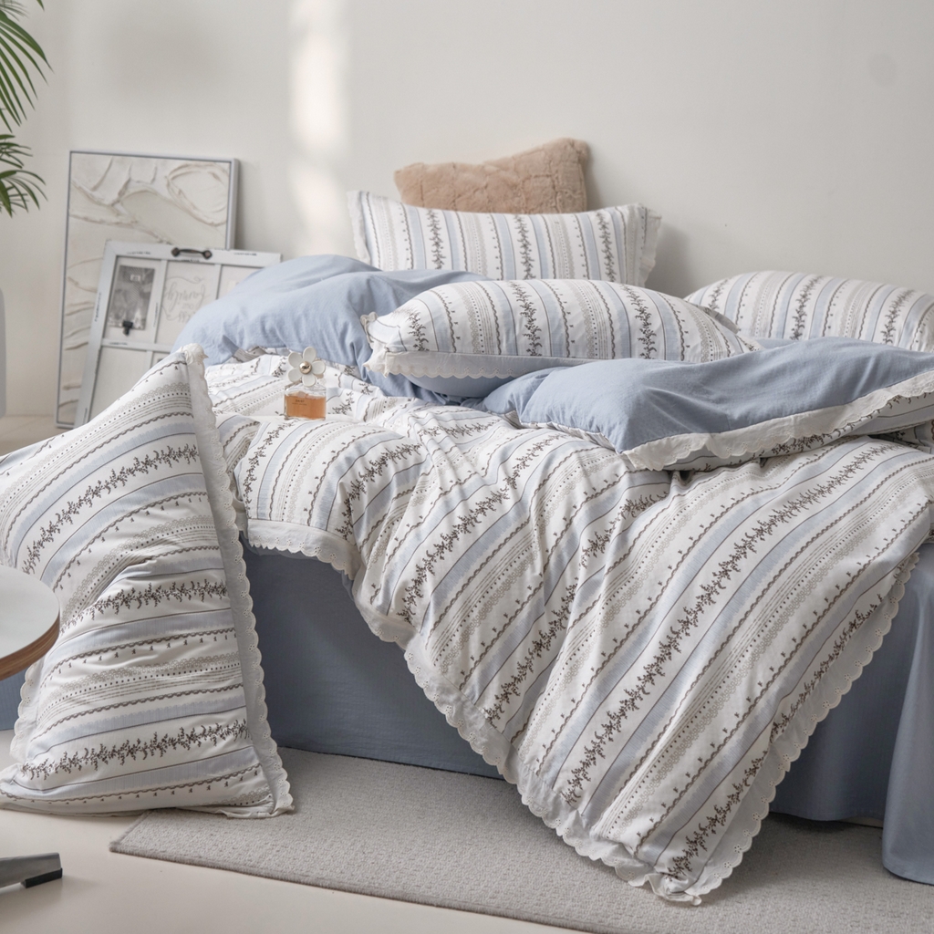 91家纺网 家纺一手货源 找家纺 漫仙阁家纺 2025新款双层纱花边款韩版四件套 茶野