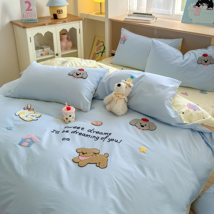 91家纺网 家纺一手货源 找家纺 如意朵2025新款全棉毛巾绣四件套 萌宠乐园