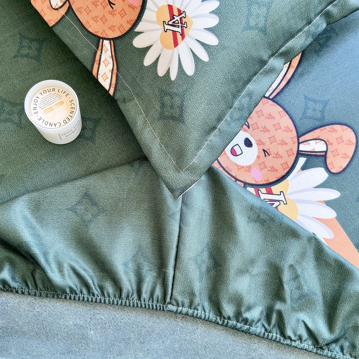 91家纺网 家纺一手货源 找家纺 乐居家纺 2025新款亲肤舒适活性印染水洗冰丝床笠 米妮兔-绿