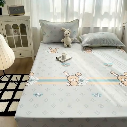 91家纺网 家纺一手货源 找家纺 乐居家纺 2025新款亲肤舒适活性印染水洗冰丝床笠 米妮兔-卡