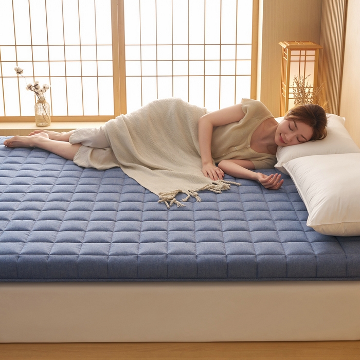 91家纺网 家纺一手货源 找家纺 锦丝钰床垫 2025新款色织水洗棉棉花床垫 牛仔蓝