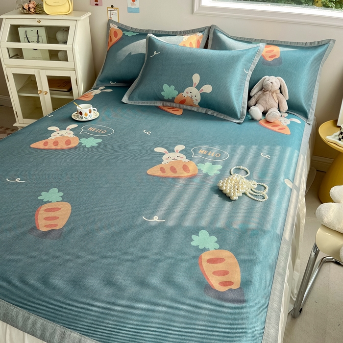 91家纺网 家纺一手货源 找家纺 典曼家纺 2025春夏新款250D冰丝宽边圆网冰丝凉席席子 萝卜兔