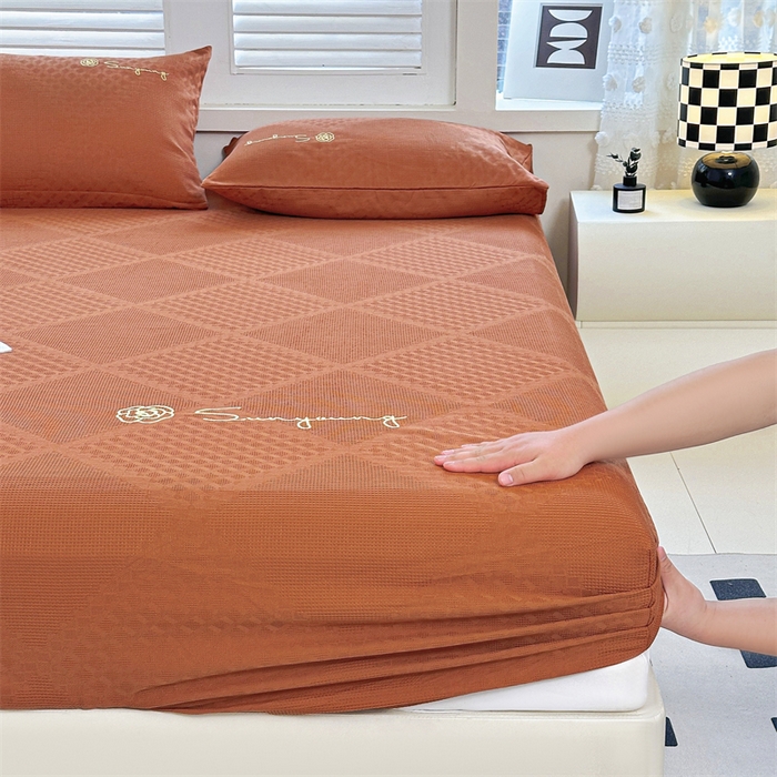 91家纺网 家纺一手货源 找家纺 曼町家居 2025新款全棉华夫格床笠 丁香棕