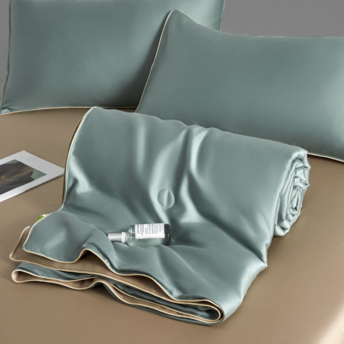 91家纺网 家纺一手货源 找家纺 AB家纺2025新品A类莱赛尔双拼50天丝空调夏被四件套 海青绿-卡其