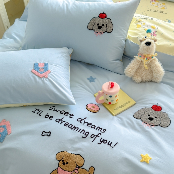 91家纺网 家纺一手货源 找家纺 如意朵2025新款全棉毛巾绣四件套 萌宠乐园