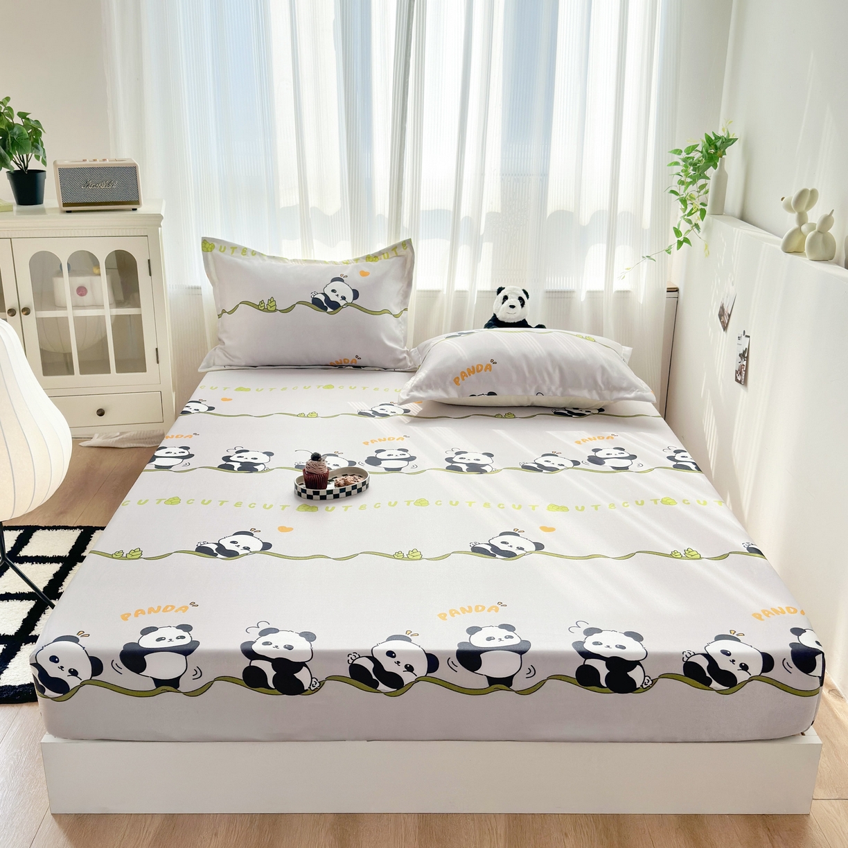 91家纺网 家纺一手货源 找家纺 乐居家纺 2025新款亲肤舒适活性印染水洗冰丝床笠 熊猫-灰