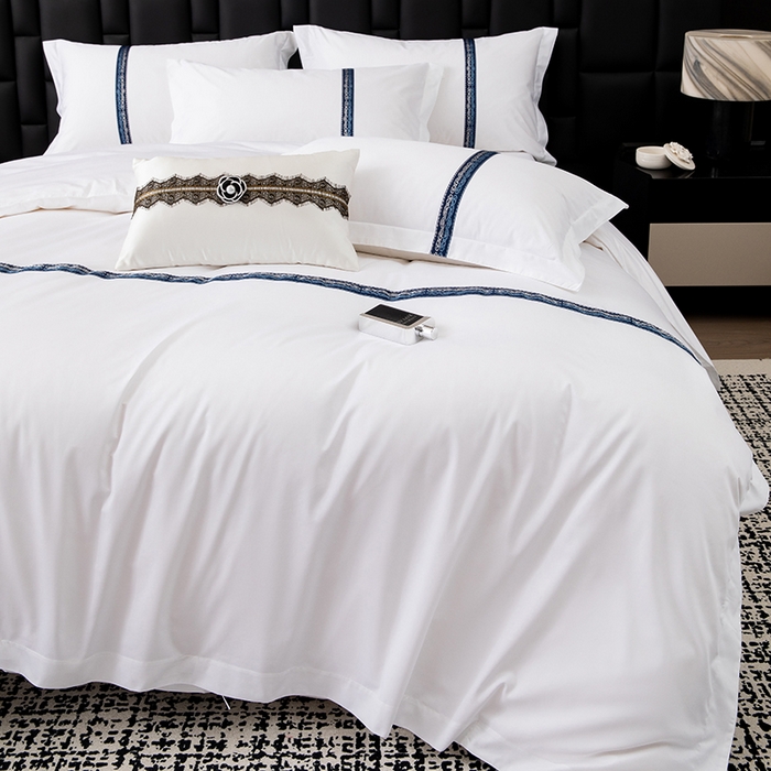 91家纺网 家纺一手货源 找家纺 优必恩 2025新款高支高密民宿酒店织带款四件套套件 墨蓝