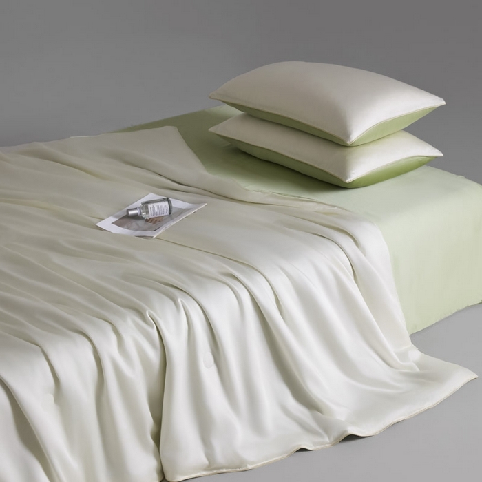 91家纺网 家纺一手货源 找家纺 AB家纺2025新品A类莱赛尔双拼50天丝空调夏被四件套 珍珠白-梨花黄