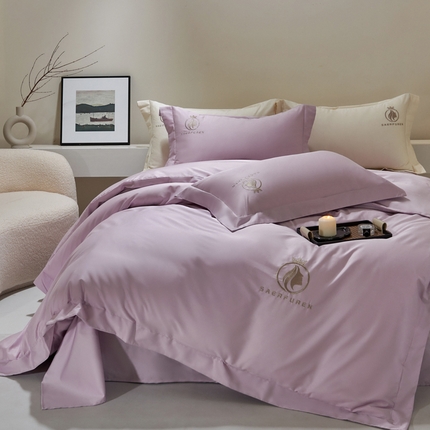 91家纺网 家纺一手货源 找家纺 （总）沃尔居 2025新款纯棉全棉四件套纯棉长绒棉四件套刺绣绣花纯色贡缎床笠款高端礼盒装