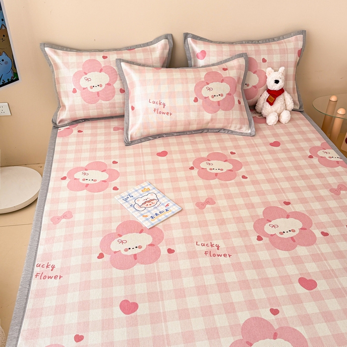 91家纺网 家纺一手货源 找家纺 典曼家纺 2025春夏新款250D冰丝宽边圆网冰丝凉席席子 花开狗狗