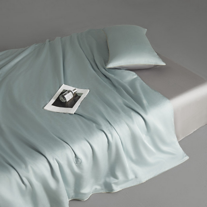 91家纺网 家纺一手货源 找家纺 AB家纺2025新品A类莱赛尔双拼50天丝空调夏被四件套 冰川蓝-烟灰