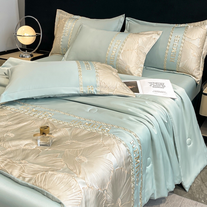 91家纺网 家纺一手货源 找家纺 子曰 2025新款金丝提花浮雕刺绣水洗真丝夏被四件套夏凉被空调被 花语-绿